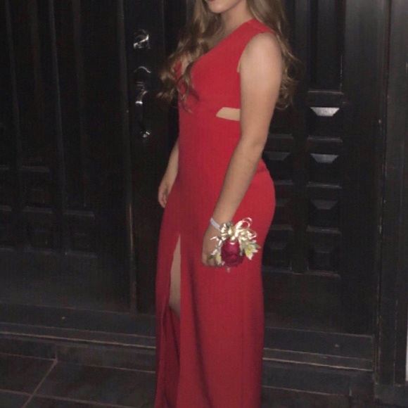 red open back long dress with slit - Picture 2 of 7